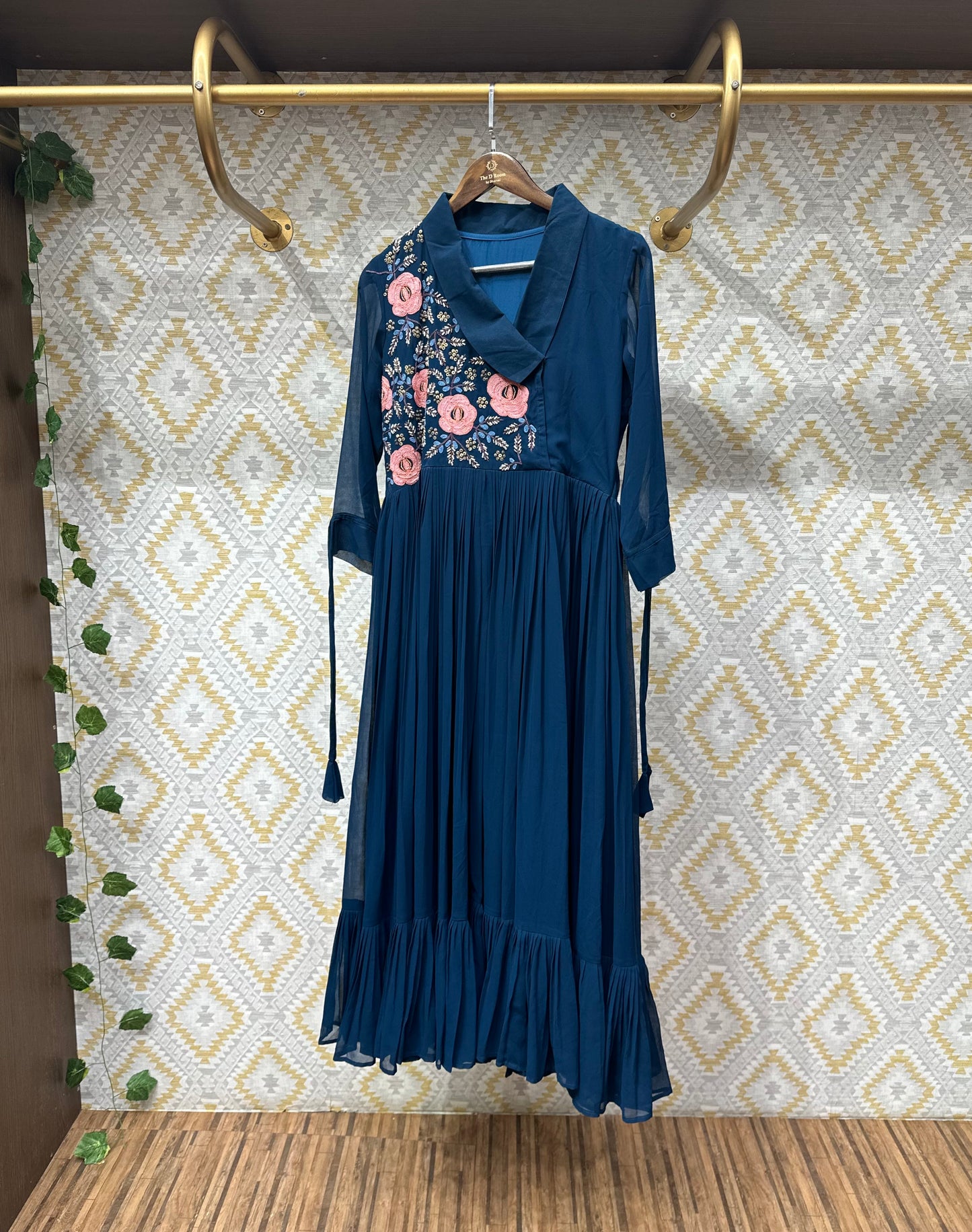 Graceful Blue Chiffon Dress with Handcrafted Embroidery