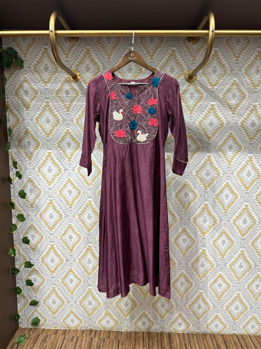 Wine Tussar Silk Dress with Kashmiri Handwork