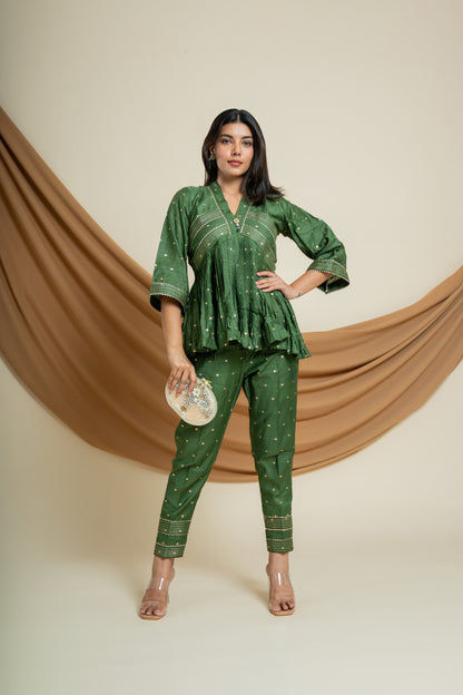 Verdant Charm Co-Set: Olive Green Chanderi Silk Women's Ensemble