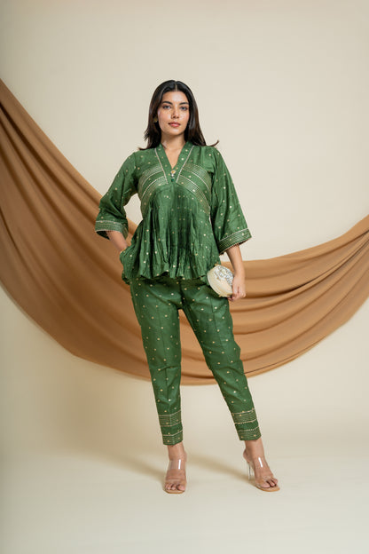 Verdant Charm Co-Set: Olive Green Chanderi Silk Women's Ensemble