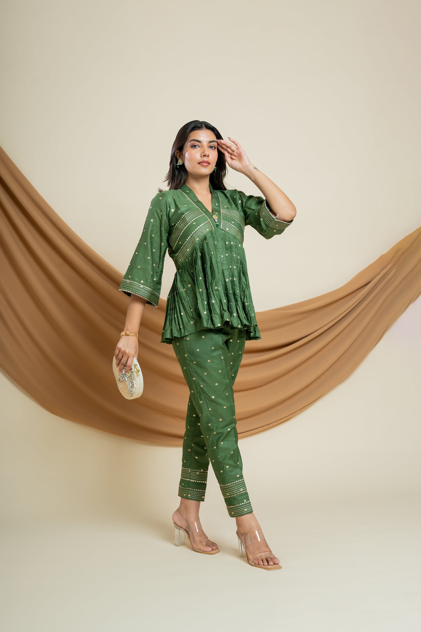 Verdant Charm Co-Set: Olive Green Chanderi Silk Women's Ensemble