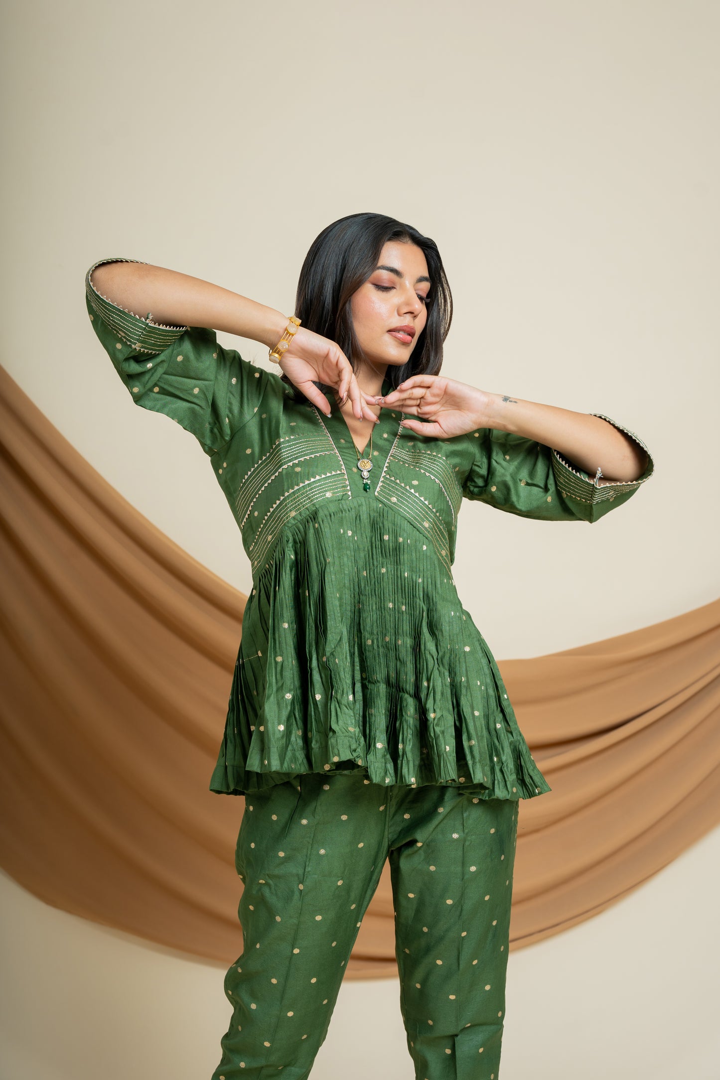 Verdant Charm Co-Set: Olive Green Chanderi Silk Women's Ensemble