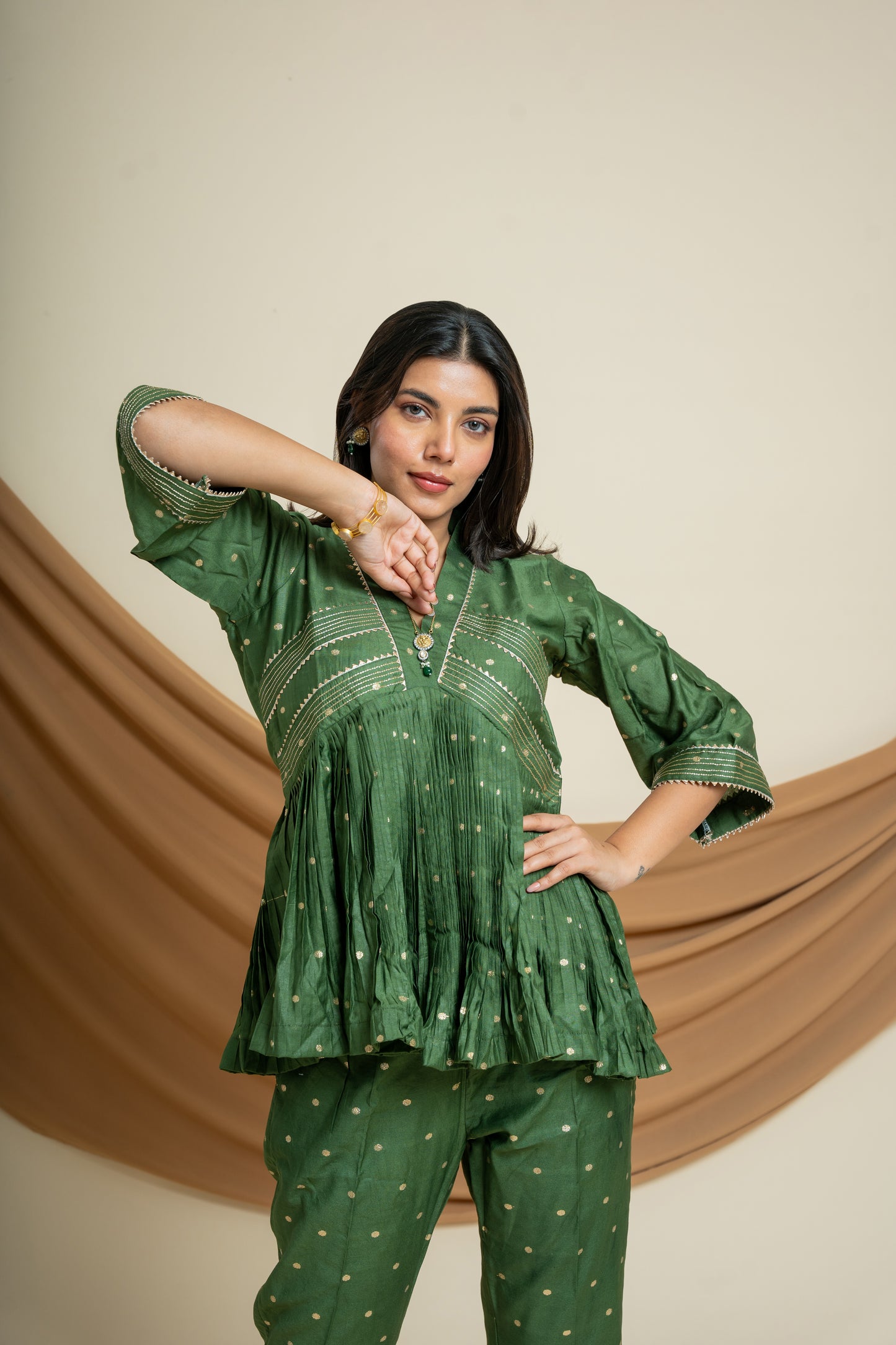 Verdant Charm Co-Set: Olive Green Chanderi Silk Women's Ensemble