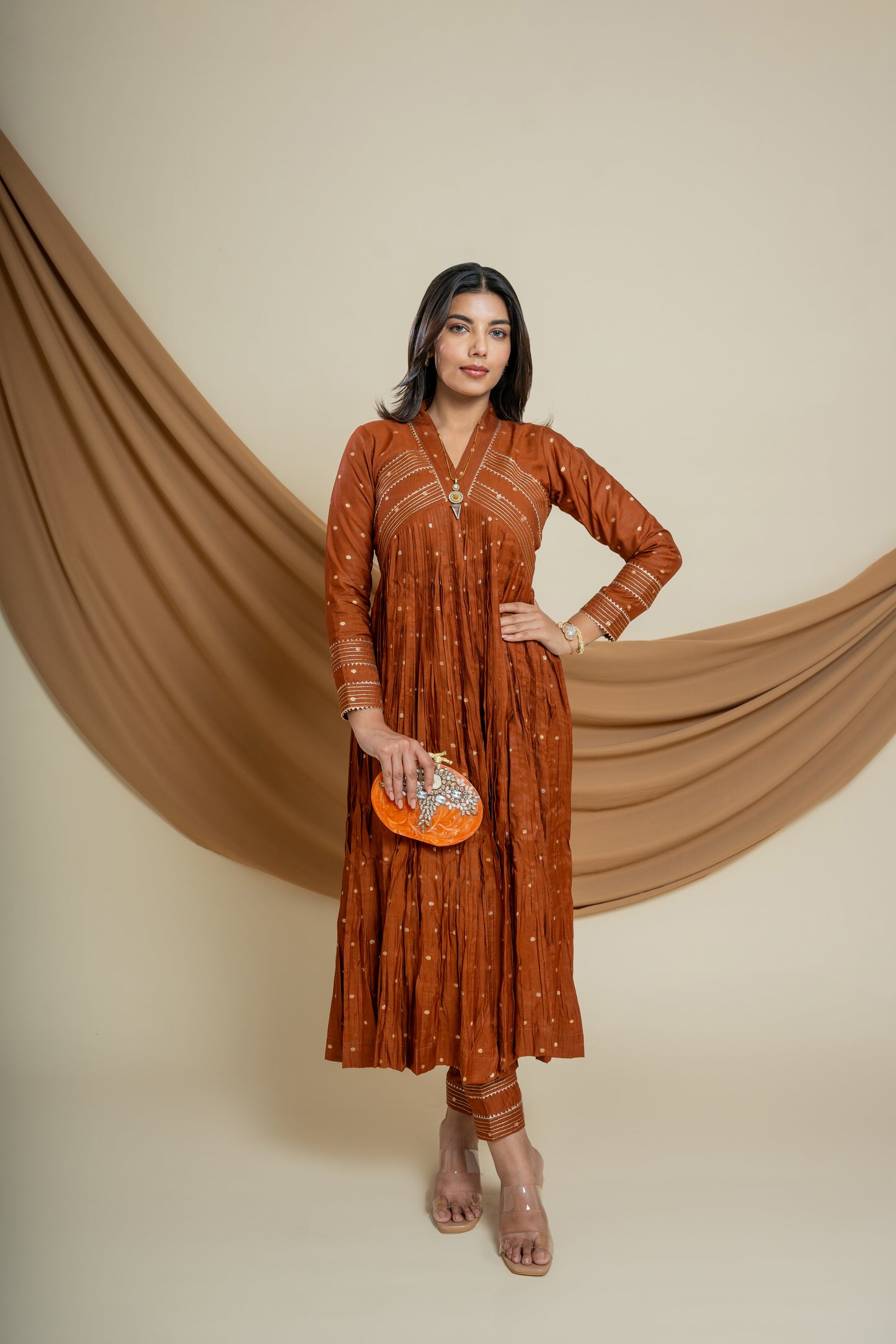 Rusty Chanderi Silk Dress and Pant Set