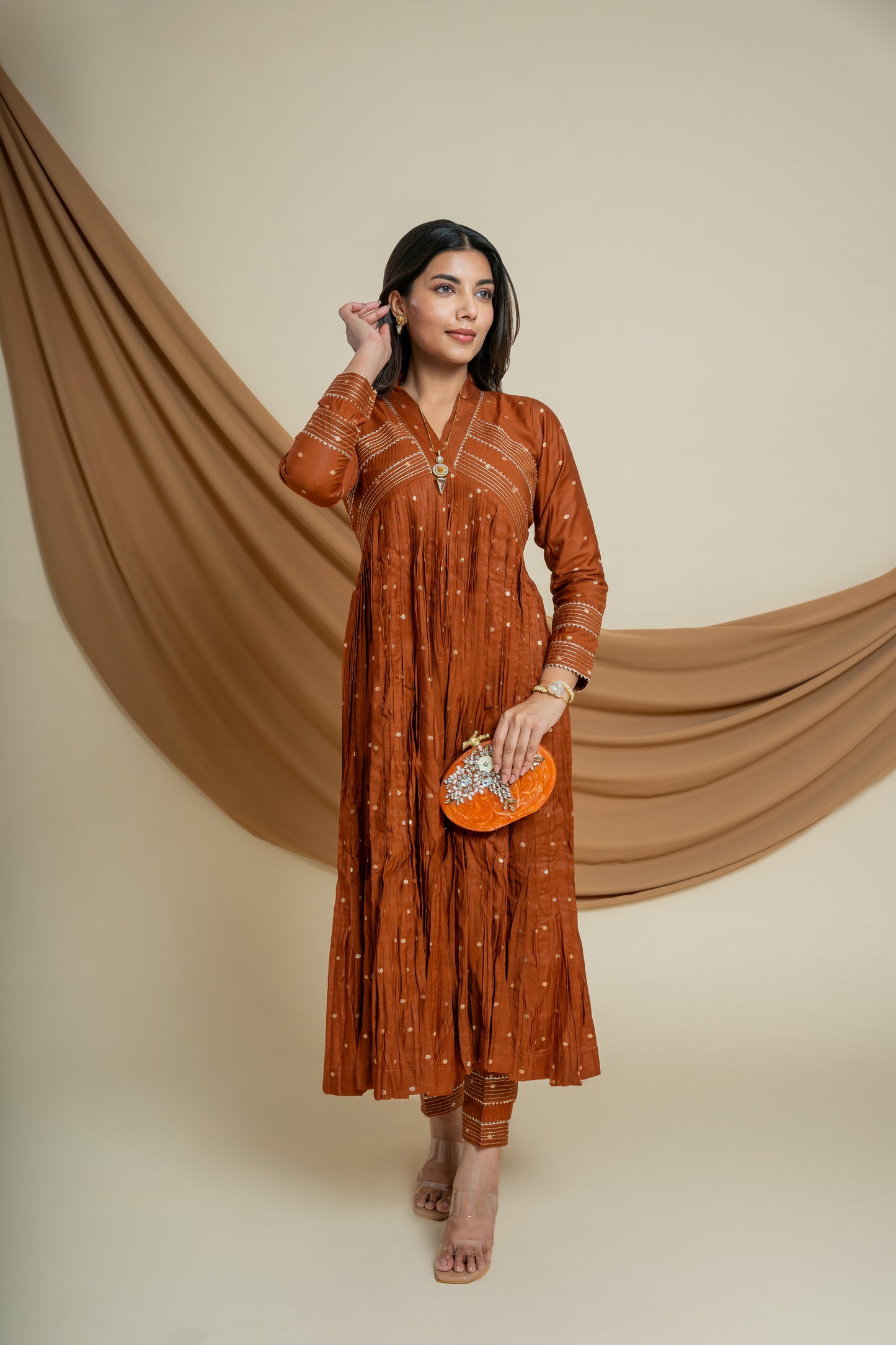 Rusty Chanderi Silk Dress and Pant Set