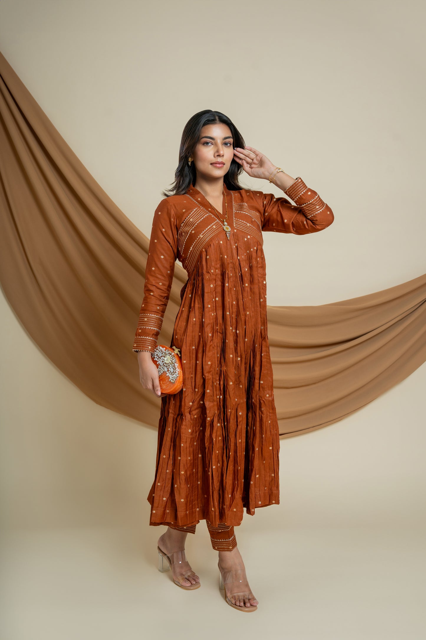 Rusty Chanderi Silk Dress and Pant Set