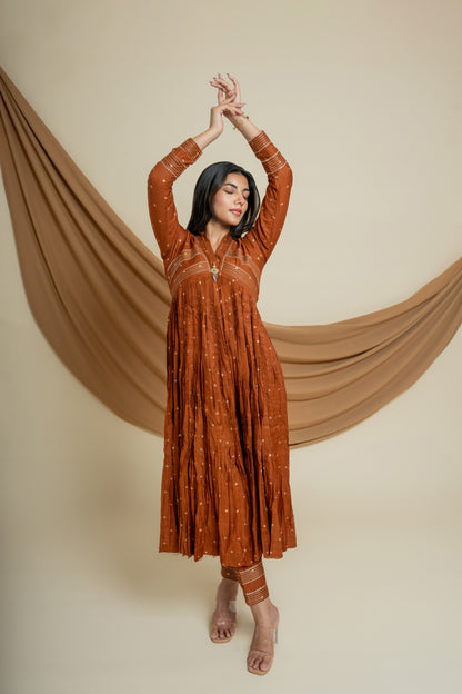 Rusty Chanderi Silk Dress and Pant Set