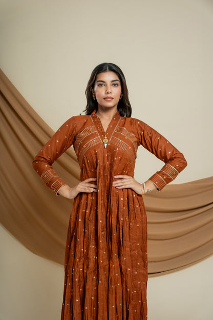 Rusty Chanderi Silk Dress and Pant Set