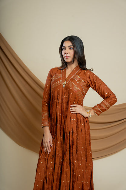 Rusty Chanderi Silk Dress and Pant Set