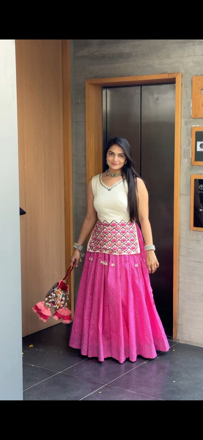Aanya Embroidered Kurti & Lehariya Skirt Set